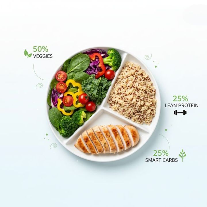 Colourful balanced plate with vegetables grains and protein portions