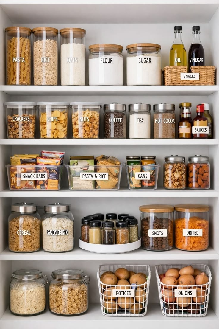 Organised kitchen workspace with fresh ingredients and labelled containers